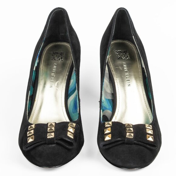 Anne Klein Black Suede Heels with Gold Studded Bows 6M - Picture 2 of 11